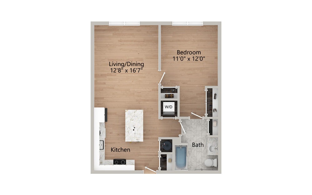A1, A1A, A1B - 1 bedroom floorplan layout with 1 bath and 733 square feet.