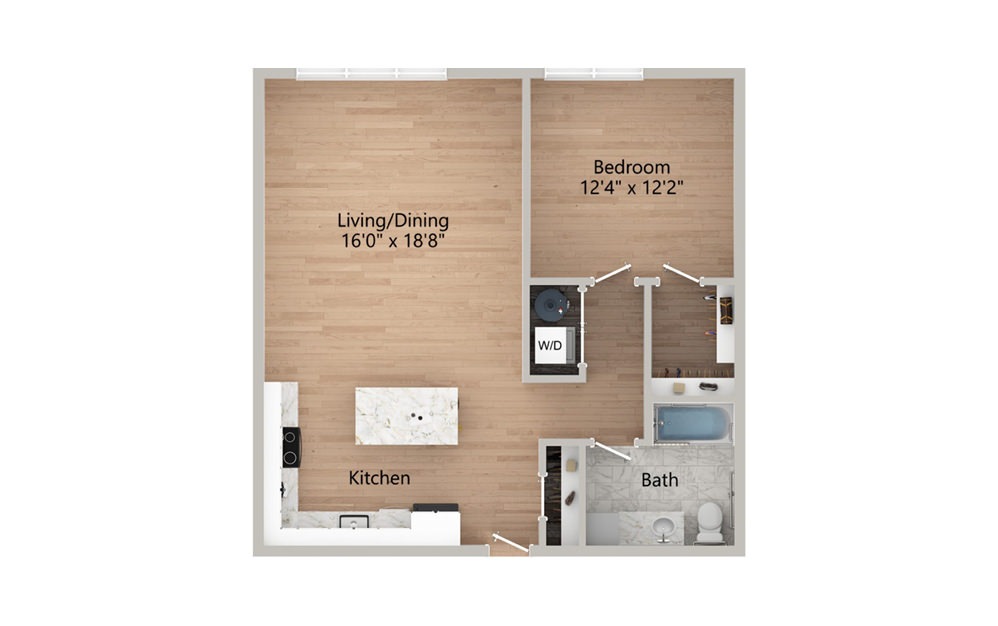 A2A, A2B - 1 bedroom floorplan layout with 1 bath and 865 square feet.