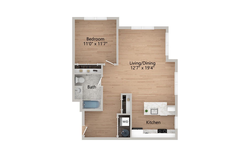 A3 - 1 bedroom floorplan layout with 1 bath and 800 square feet.