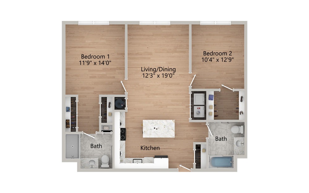 B1, B1A, B1B - 2 bedroom floorplan layout with 2 baths and 1055 square feet.