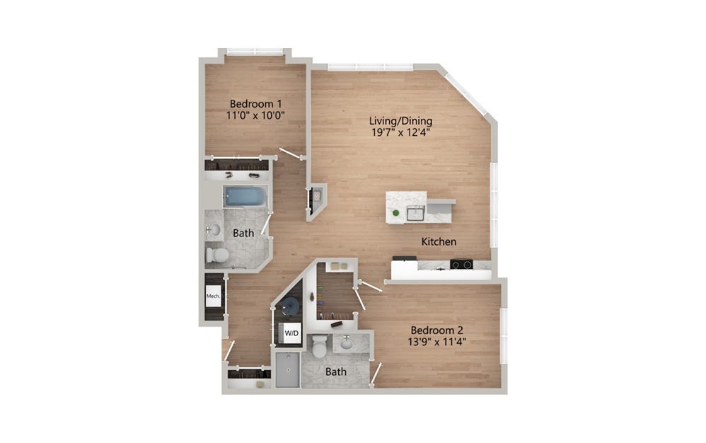 B2, B2A - 2 bedroom floorplan layout with 2 baths and 1128 square feet.