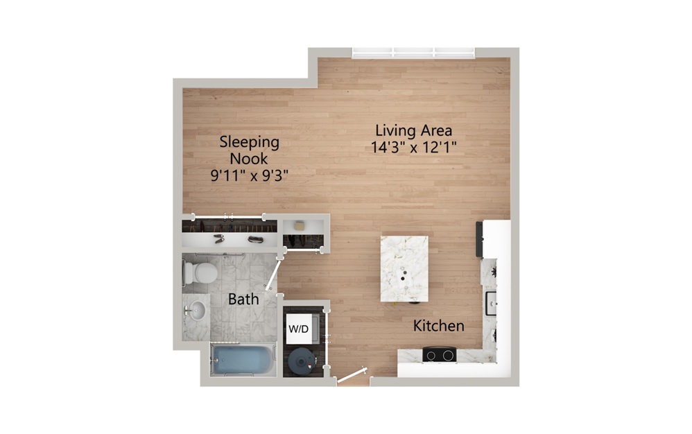 S1, S1A, S1B - Studio floorplan layout with 1 bath and 587 square feet.