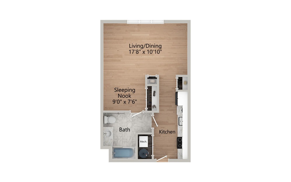 S2, S2A - Studio floorplan layout with 1 bath and 542 square feet.