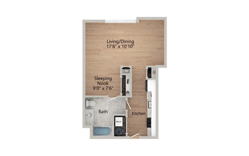 S3, S3A, S3B - Studio floorplan layout with 1 bath and 581 square feet.