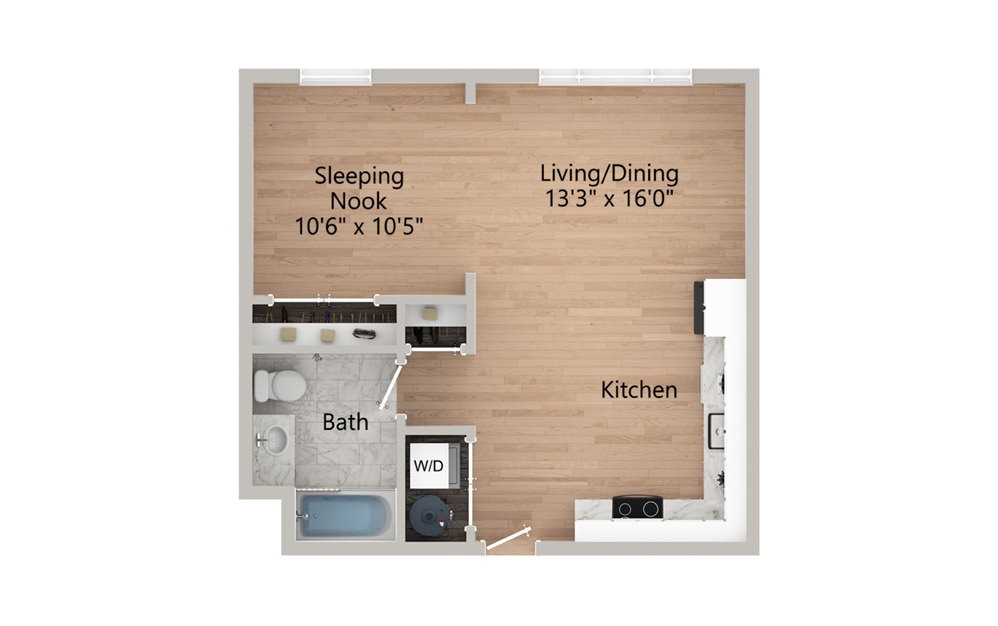 S4 - Studio floorplan layout with 1 bath and 581 square feet.
